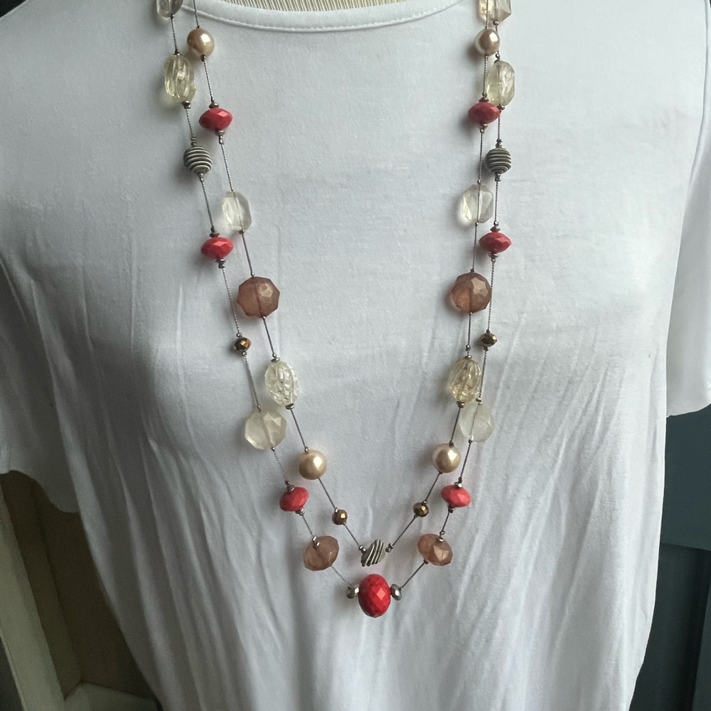 New York & Company Red and Cream Multi-Strand Necklace